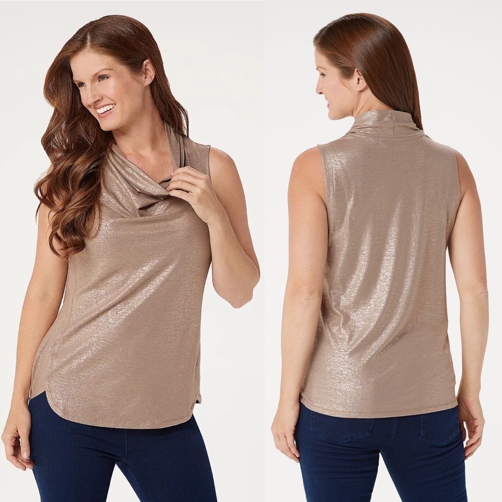 Lisa Rinna Foil Taupe Sleeveless Cowl Neck Metallic Jersey Top M Christmas Party